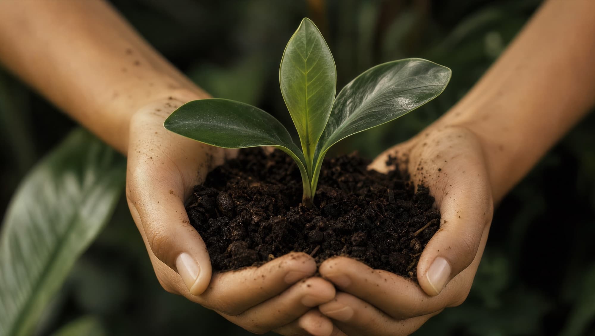 Mãos segurando uma muda, símbolo do cuidado socioambiental do Grupo Aquino