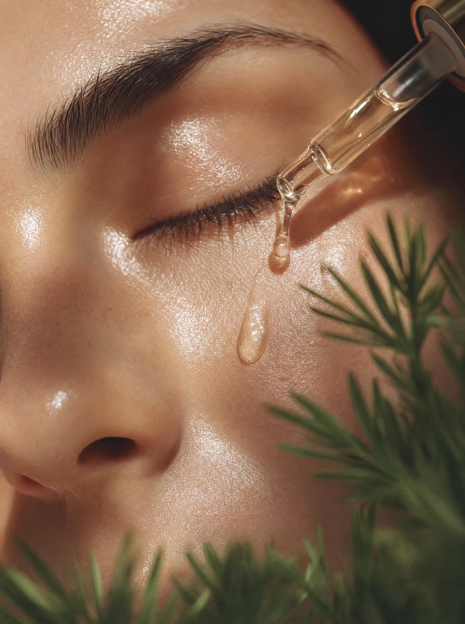 Detalhe macro de pele viçosa com gota de sérum